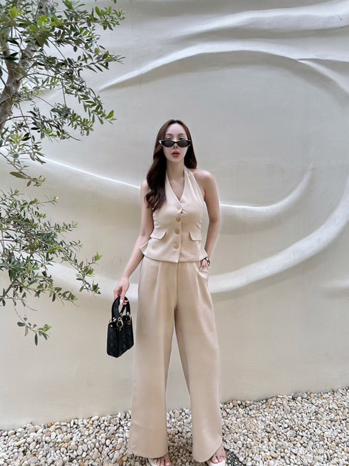 Women Casual Halter Neck Waist Coat with Trousers Sets